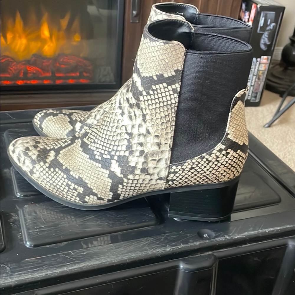 Cream and Black Ankle Booties with Snakeskin Texture